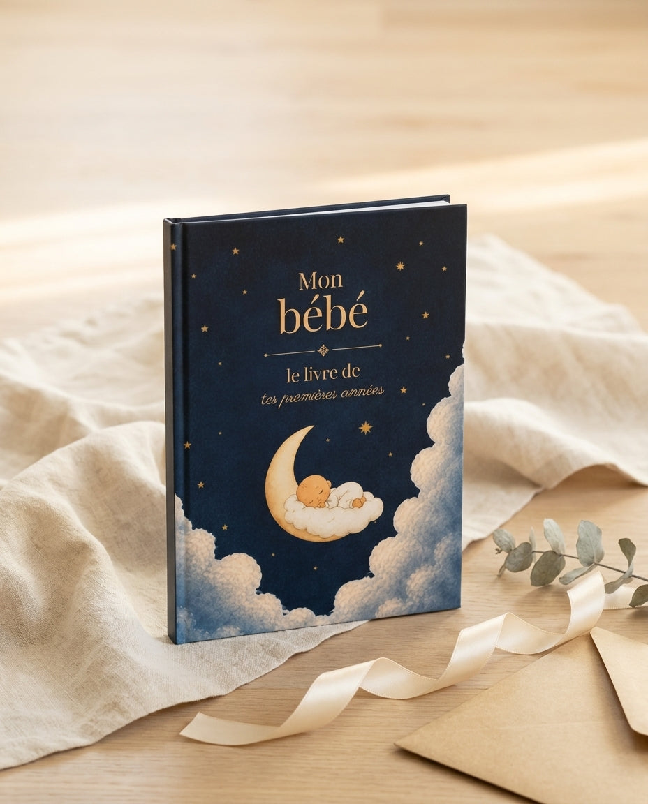 Cadeau de naissance original : un livre bébé HIKAYATAK déposé près d'un ruban cream et d'un brin d'eucalyptus sur du lin écru