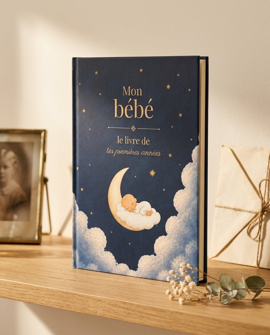 Cadeau bébé souvenir : livre HIKAYATAK exposé sur une étagère bois avec cadre vintage et enveloppe ivoire — esprit heirloom familial
