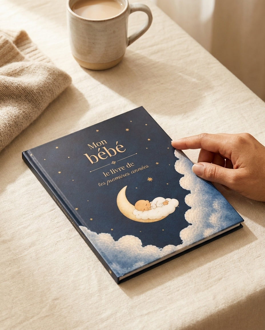 Livre bébé souvenir : main féminine effleurant la couverture du livre HIKAYATAK posé sur du lin cream, près d'un mug en grès artisanal