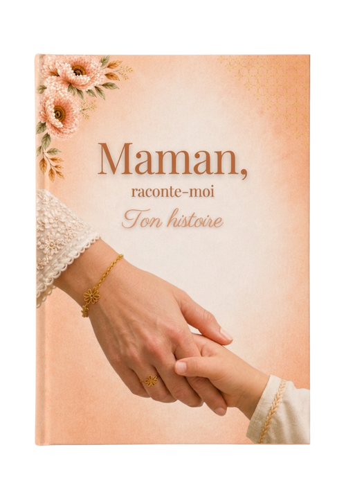 Maman, raconte-moi ton histoire — packshot 3D du livre, couverture pêche avec dahlias roses