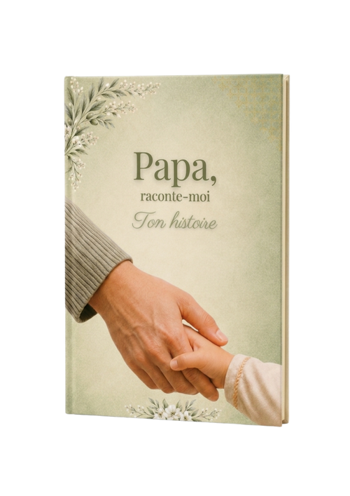 Papa, raconte-moi ton histoire — packshot 3D du livre, couverture verte olive avec ornements