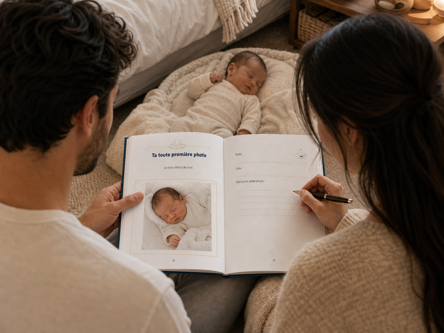 Un couple de parents remplit ensemble le livre HIKAYATAK bébé à côté de leur nouveau-né endormi, page « Ta toute première photo »