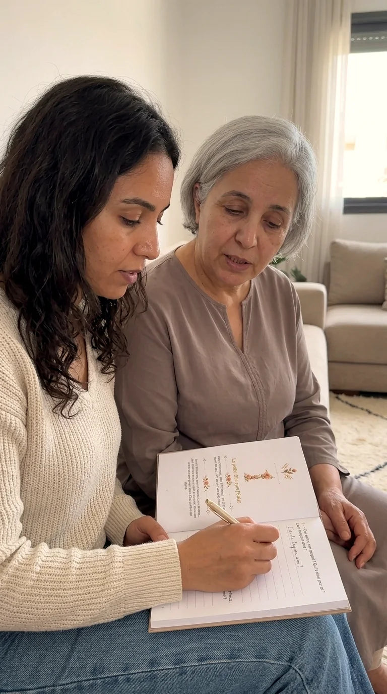 Une mère et sa fille lisant ensemble le livre HIKAYATAK rempli de son écriture