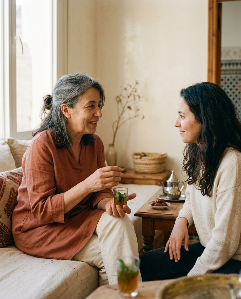 Une mère et sa fille adulte assises côte à côte dans un salon marocain, en pleine conversation
