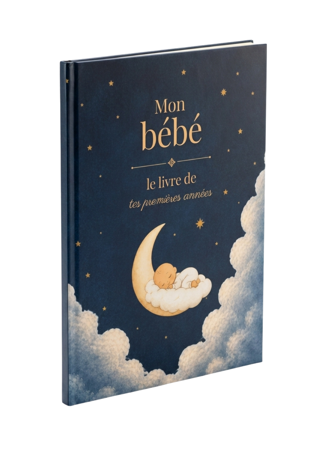 Le livre HIKAYATAK bébé — couverture navy, lune et bébé endormi sur un nuage