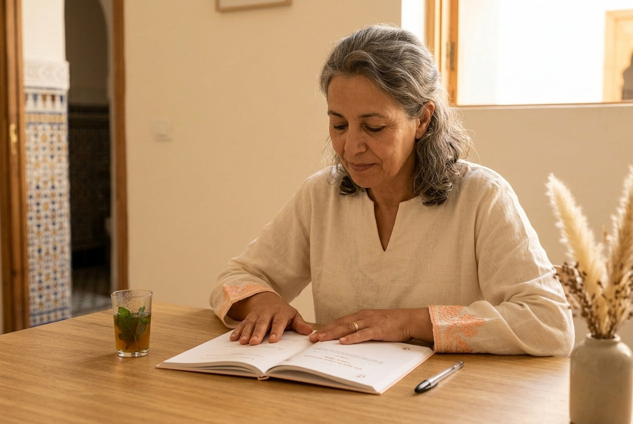 Une femme marocaine d'âge mûr, assise seule à une table en bois dans un intérieur traditionnel, ouvre le livre HIKAYATAK mère pour la première fois, regard contemplatif