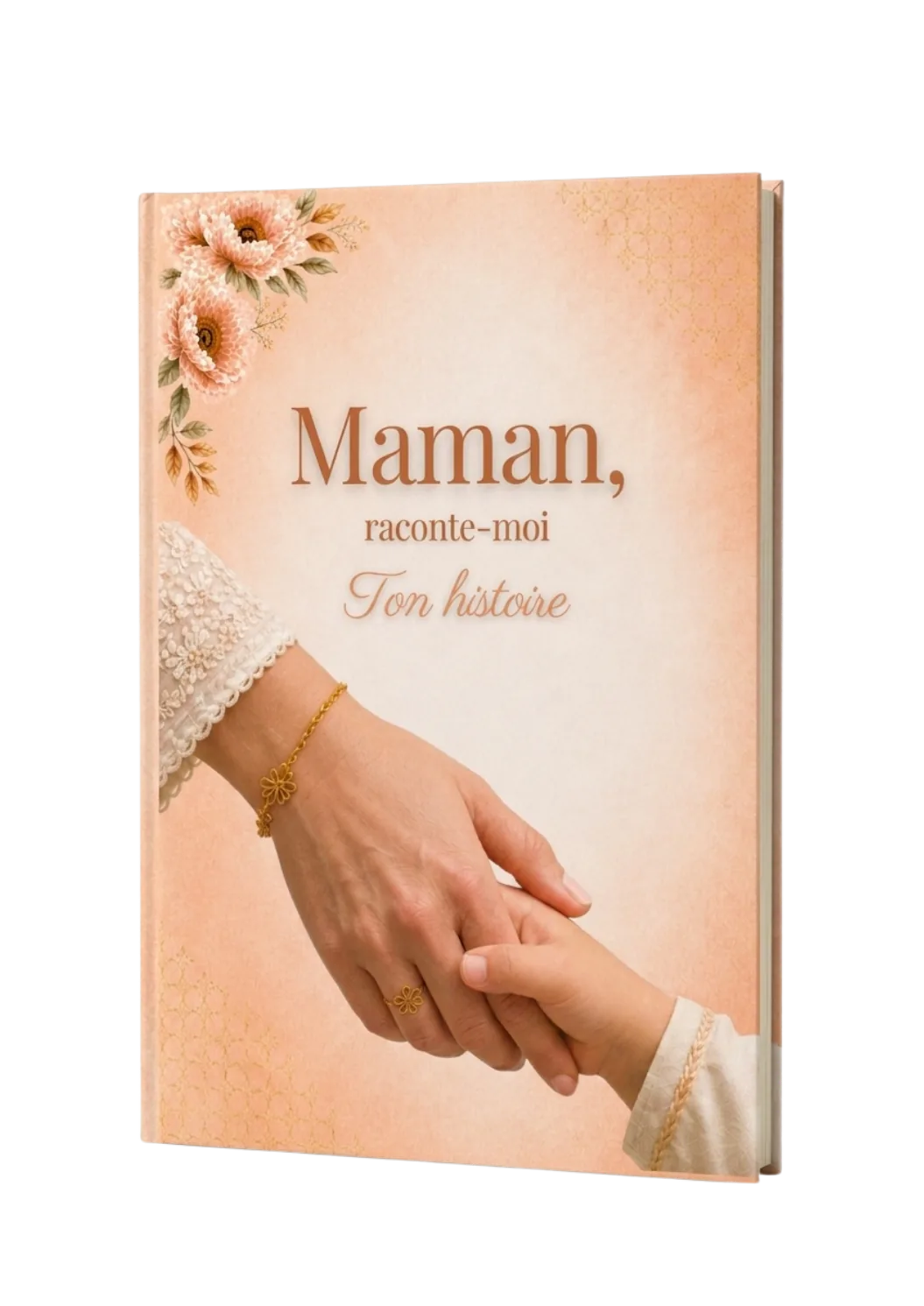 Le livre HIKAYATAK mère — packshot 3D, couverture pêche, mère et fille mains liées
