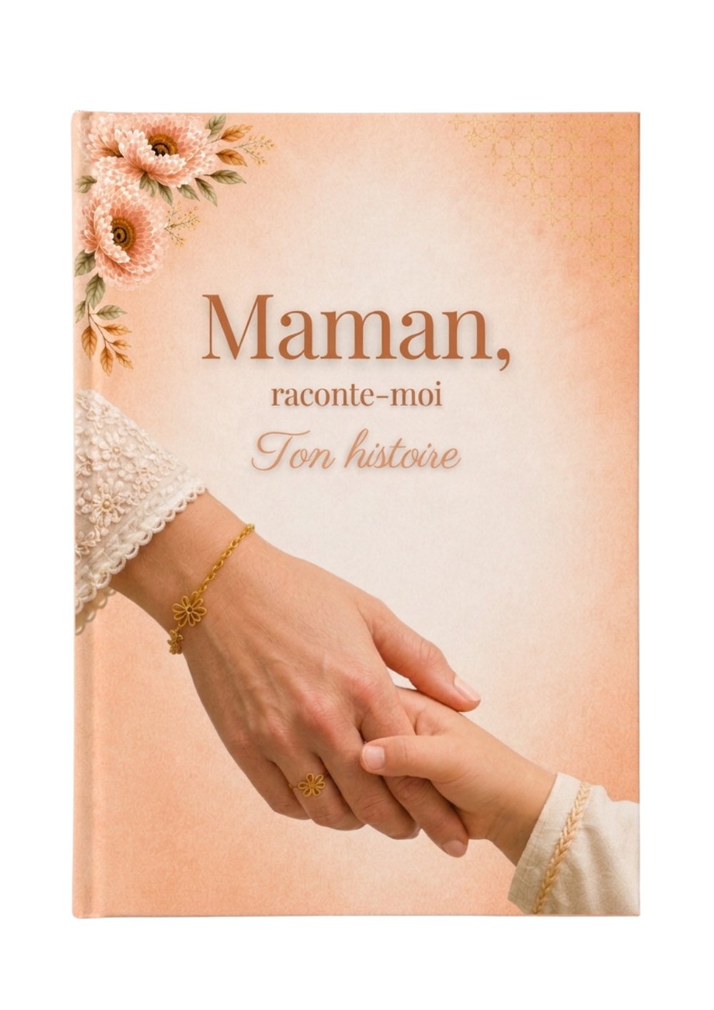 Le livre HIKAYATAK mère — packshot 3D, couverture pêche avec dahlias roses