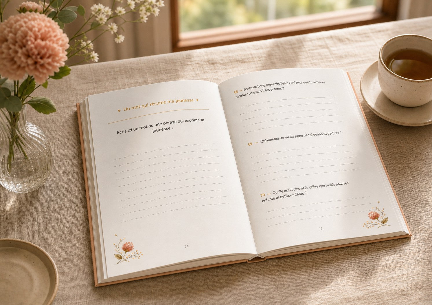 Le livre HIKAYATAK mère ouvert sur une table en lin, chrysanthèmes roses et tasse de café — page prête à être remplie