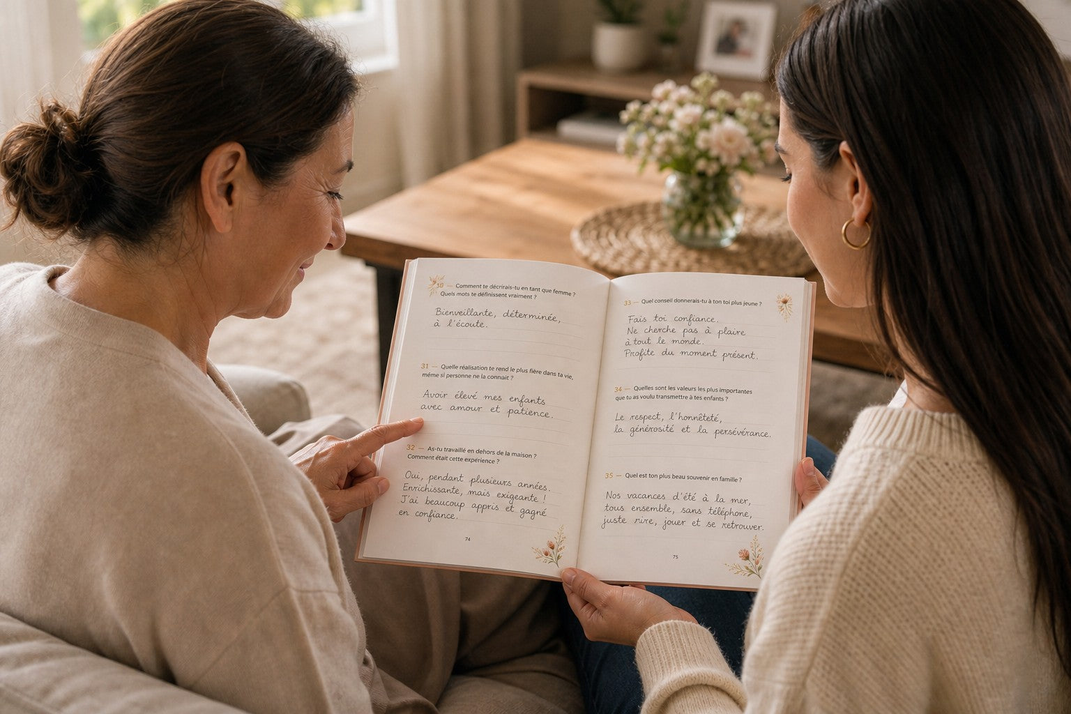 Une mère et sa fille lisant ensemble le livre HIKAYATAK rempli de son écriture