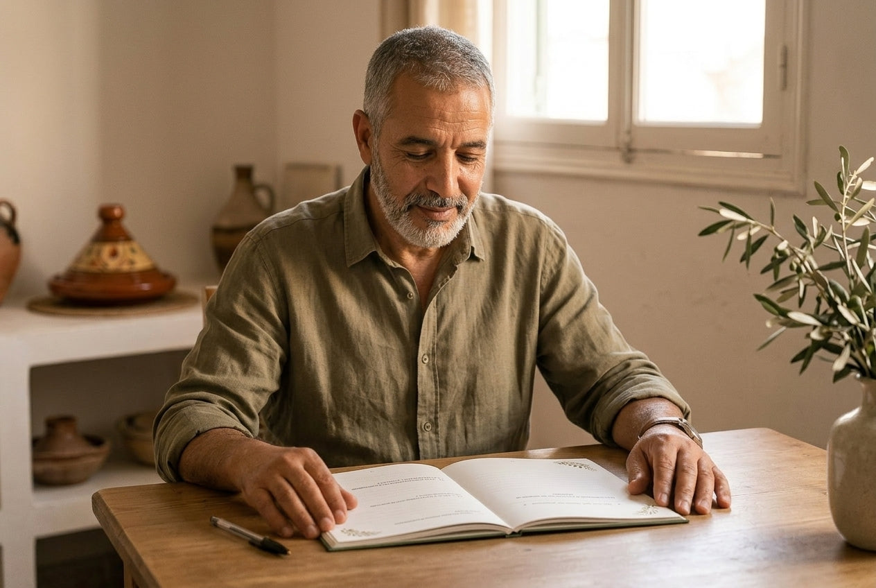 Un homme marocain d'âge mûr, assis seul à une table en bois dans un intérieur traditionnel, ouvre le livre HIKAYATAK père pour la première fois, regard contemplatif