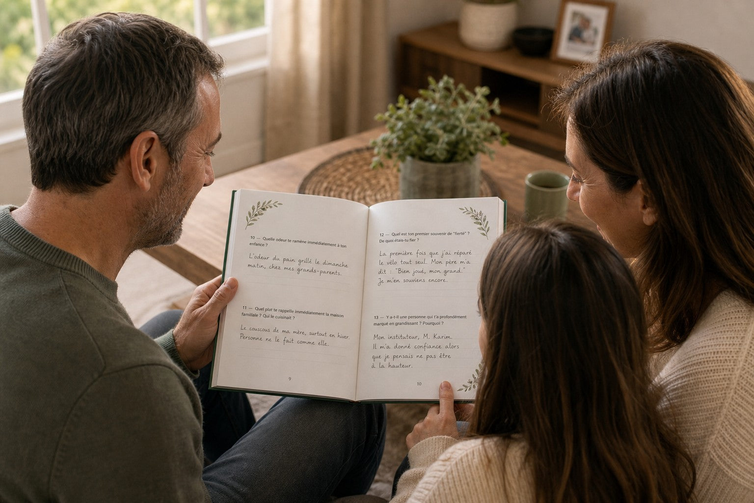 Un père, sa femme et leur enfant lisent ensemble le livre HIKAYATAK père rempli de son écriture — moment de transmission familial