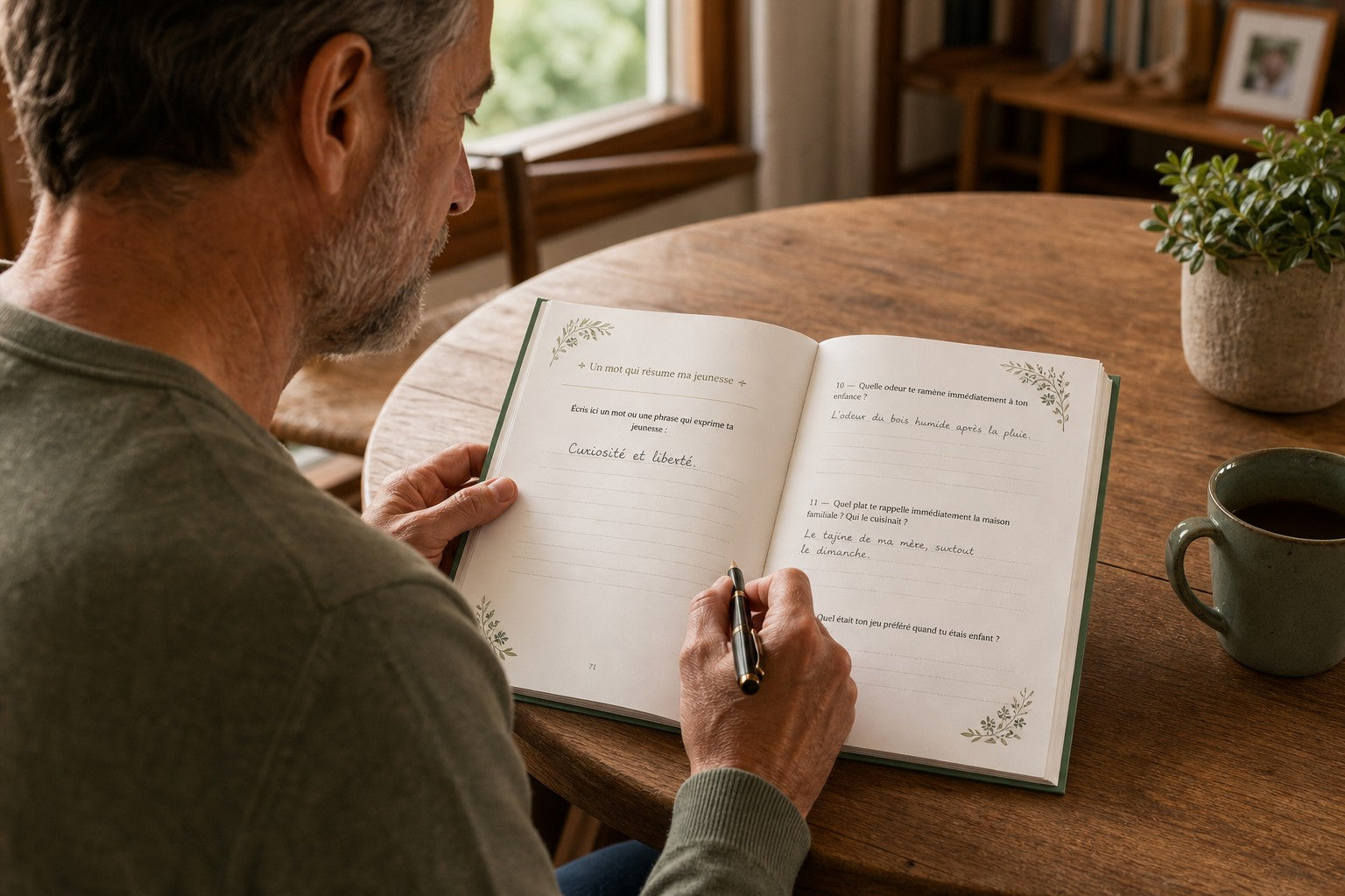Un père écrivant dans le livre HIKAYATAK père, vue de dos, table en bois avec une plante