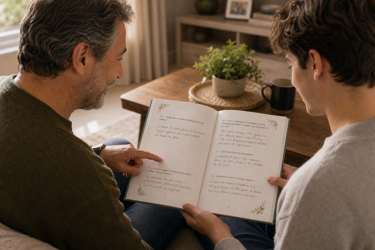 Un père et son fils lisant ensemble le livre HIKAYATAK père rempli de son écriture